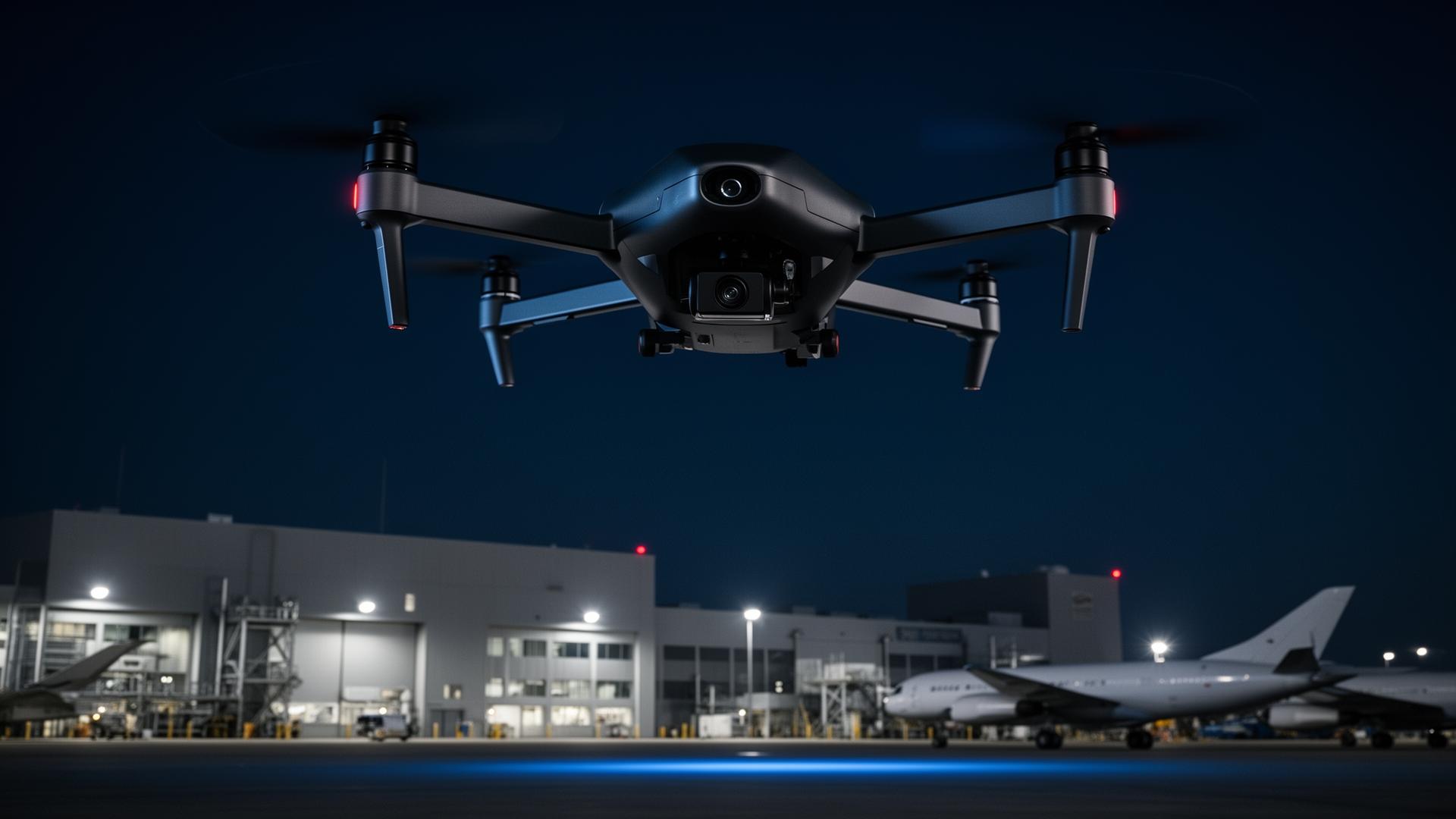 Industrial drone over an aerospace facility